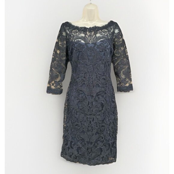 TADASHI SHOJI $473 Navy Lace Illusion Lined Evening Dress Size 10 Wedding Guest - Picture 1 of 10